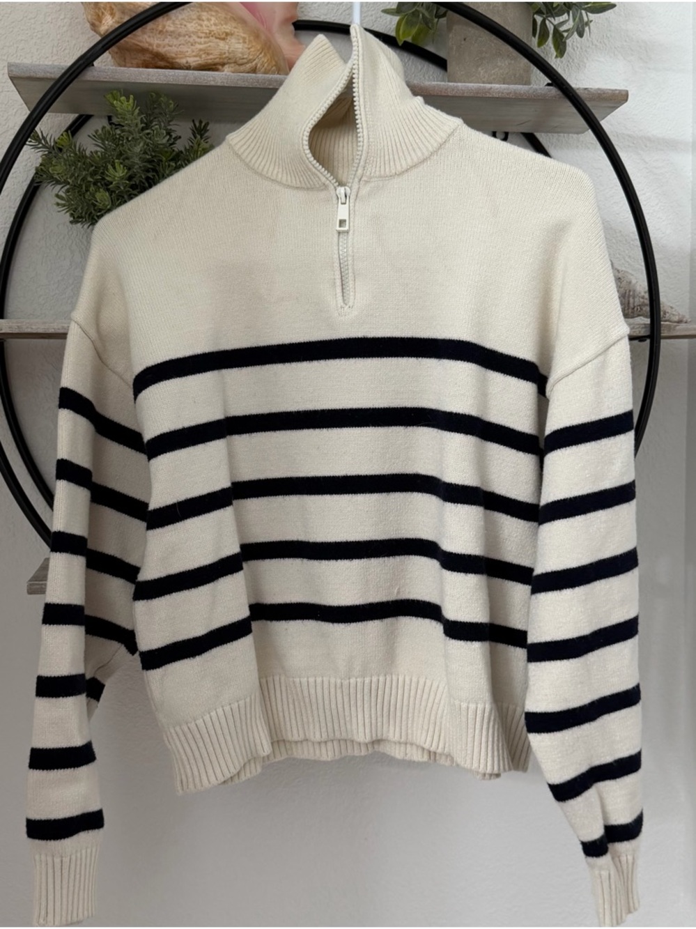 Cotton On Cream & Black Striped Half-Zip Turtleneck Sweater